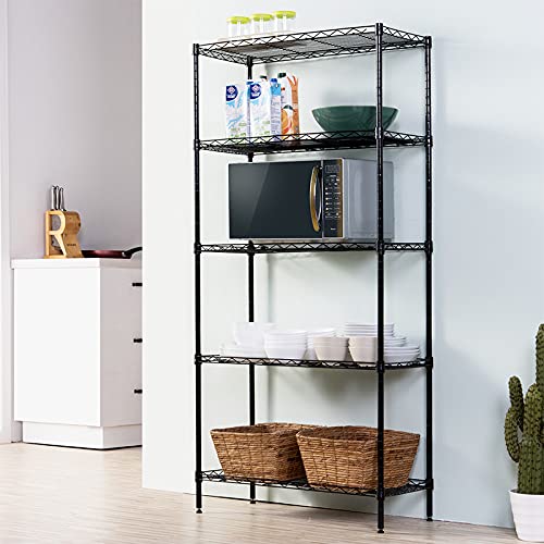 SUNNYSONG 5 Tier Metal Storage Shelves, Kitchen Storage Shelf,Metal Storage Shelves Unit Perfect for Laundry Bathroom Closet Shelves Microwave Stand (Black, (23.62 x 11.81 x 59.05))