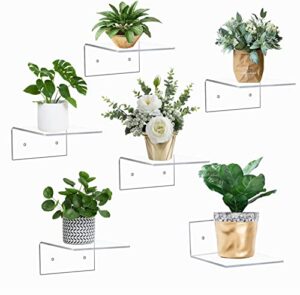6 pack small acrylic floating shelves for wall, wall mounted hanging display shelves for plants, funko pop figures, adhesive shelf for bedroom, picture toy clear display shelf