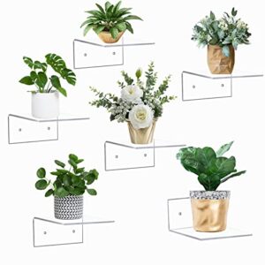 6 Pack Small Acrylic Floating Shelves for Wall, Wall Mounted Hanging Display Shelves for Plants, Funko Pop Figures, Adhesive Shelf for Bedroom, Picture Toy Clear Display Shelf