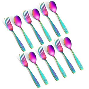 12 pieces kids rainbow silverware stainless steel kids utensils forks and spoons, metal toddler cutlery set childrens safe flatware sets for lunchbox, dishwasher safe