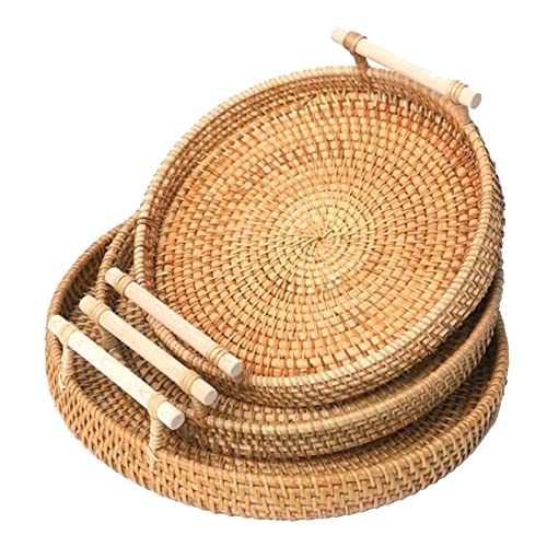 3 Pack Round Rattan Basket with Handles, 11, 10, 9 Inch Shallow Wicker Tray with 1”Side, Boho Woven Serving Tray Brown Basket Bowl for Coffee Table, Ottoman, Kitchen, Décor, Food, Snack, Exxacttorch