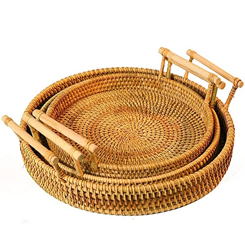 3 Pack Round Rattan Basket with Handles, 11, 10, 9 Inch Shallow Wicker Tray with 1”Side, Boho Woven Serving Tray Brown Basket Bowl for Coffee Table, Ottoman, Kitchen, Décor, Food, Snack, Exxacttorch
