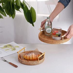 3 Pack Round Rattan Basket with Handles, 11, 10, 9 Inch Shallow Wicker Tray with 1”Side, Boho Woven Serving Tray Brown Basket Bowl for Coffee Table, Ottoman, Kitchen, Décor, Food, Snack, Exxacttorch