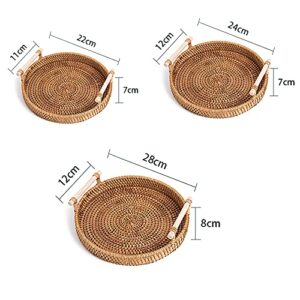 3 Pack Round Rattan Basket with Handles, 11, 10, 9 Inch Shallow Wicker Tray with 1”Side, Boho Woven Serving Tray Brown Basket Bowl for Coffee Table, Ottoman, Kitchen, Décor, Food, Snack, Exxacttorch