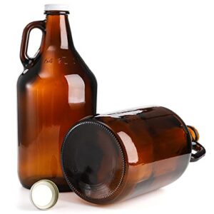 ZEAYEA 3 Pack Glass Growler Jug, 64 oz Amber Half Gallon Jug Set with Lids and Handle Great for Beer, Home Brewing, Kombucha, Distilled Water