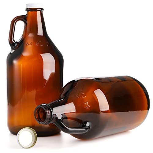 ZEAYEA 3 Pack Glass Growler Jug, 64 oz Amber Half Gallon Jug Set with Lids and Handle Great for Beer, Home Brewing, Kombucha, Distilled Water