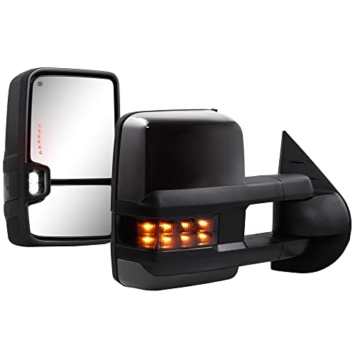 Towing Mirrors Bright Black for 2007-2013 Chevy Silverado Suburban Tahoe Avalanche GMC Sierra Yukon with Power Glass Turn Signal Light Backup Lamp Heated Extendable Pair Set (Black Paint 8555)