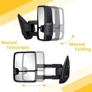 Towing Mirrors Bright Black for 2007-2013 Chevy Silverado Suburban Tahoe Avalanche GMC Sierra Yukon with Power Glass Turn Signal Light Backup Lamp Heated Extendable Pair Set (Black Paint 8555)