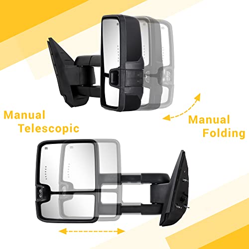 Towing Mirrors Bright Black for 2007-2013 Chevy Silverado Suburban Tahoe Avalanche GMC Sierra Yukon with Power Glass Turn Signal Light Backup Lamp Heated Extendable Pair Set (Black Paint 8555)