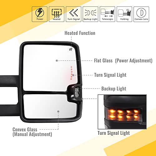 Towing Mirrors Bright Black for 2007-2013 Chevy Silverado Suburban Tahoe Avalanche GMC Sierra Yukon with Power Glass Turn Signal Light Backup Lamp Heated Extendable Pair Set (Black Paint 8555)