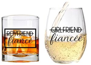 cool af boyfriend and girlfriend wine and whiskey glass gift set - engagement gifts for couples - fiance fiancee gift for him and her - his and hers glasses for mr and mrs bride and groom to be