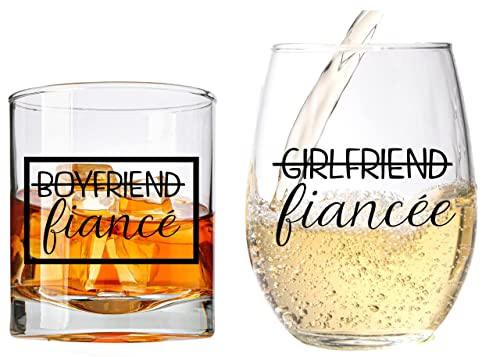 COOL AF Boyfriend and Girlfriend Wine and Whiskey Glass Gift Set - Engagement Gifts for Couples - Fiance Fiancee Gift for Him and Her - His and Hers Glasses For Mr and Mrs Bride and Groom to be