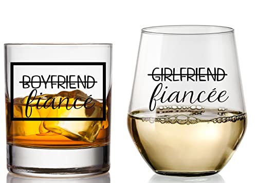 COOL AF Boyfriend and Girlfriend Wine and Whiskey Glass Gift Set - Engagement Gifts for Couples - Fiance Fiancee Gift for Him and Her - His and Hers Glasses For Mr and Mrs Bride and Groom to be