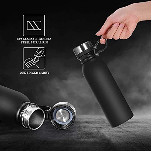 cocomum Stainless Steel Water Bottle|20 oz Vacuum Insulated Water Bottle|Insulated Double Wall Water Bottle Keep Hot & Cold,Leak Proof Sports Bottle,Wide Mouth Lids with Finger Belt-Black