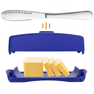 butter dish with magnetic lid, light butter keeper for counter with spreader knife & tbsp markings, easy scoop, food safe, perfect for east west coast butter (8inch-knife-1, royal blue)