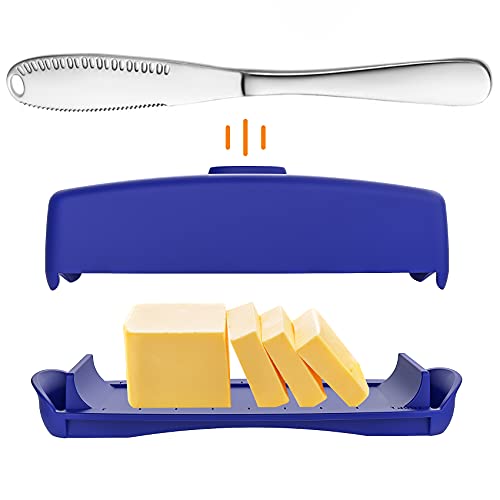 Butter Dish with Magnetic Lid, Light Butter keeper for Counter with Spreader Knife & TBSP markings, Easy Scoop, Food Safe, Perfect for East West Coast Butter (8inch-knife-1, Royal Blue)