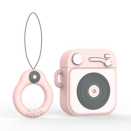 Case for Airpods 1 2 Earphone Charging Box Case for Air Pods 1 2 Cover Silicone Hip-hop Phonograph Earbuds Case with Hook (Pink)