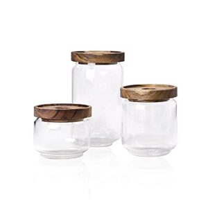 aefpoymxu glass food storage jars with wood lids mason jar canister set glass containers for tea, coffee, spice, candy, cookie, pantry(set of 3)