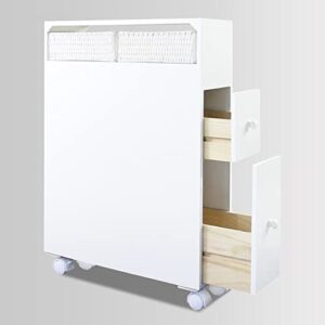 MASAKA B&W Wooden Movable Bathroom Storage Cabinet with 2 Drawers and Shelf, Toilet Paper Storage, Corner Shelves, Bathroom Furniture Sets, Side Storage Organizer Toilet