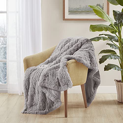 Serta Mila Shaggy Throw - Ultra Soft Long Faux Fur Electric Blanket, Fast Heating, Safety Auto Shut Off Timer, Low EMF, Multi Heat Setting, ETL Certified, Machine Washable, Ash Grey 50"x60"