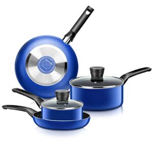serenelife kitchenware pots & pans basic kitchen cookware, black non-stick coating inside, heat resistant lacquer (6-piece set), one size, blue