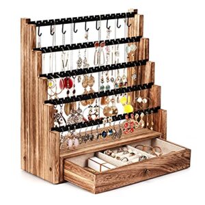 earring organizer, 5 layer earring holder organizer with metal necklace holder pole, rustic wood jewelry organizer stand display for stud earring bracelet necklace ring, 175 earring holes (brown)