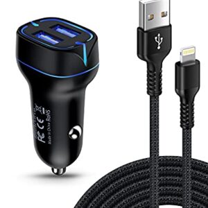 Car Phone Charger Lightning Cable Fast Charging Cargador for iPhone 14 13 12 Pro Max Mini 11Pro 10 SE X XR XS XS Max 8 7 6 Plus, Apple Lightening Wire 6FT+4.8A Dual Port USB Cigarette Lighter Adapter