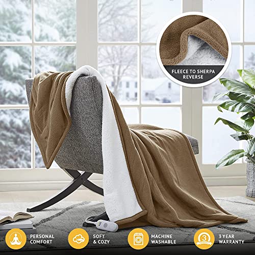 Serta Reversible Fleece to Sherpa Electric Blanket Fast Heating Soft Cover, Safety Auto Shut Off Timer, Low EMF, Multi Heat Setting, ETL Certified, Machine Washable, Stone Brown Throw (50 in x 60 in)