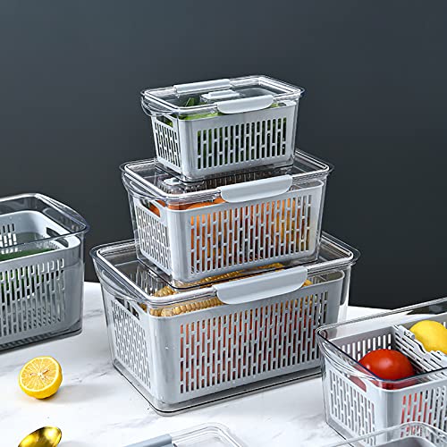 Cedilis 3 Pack Fresh Container, Produce Saver Container for Refrigerator, Vegetable Fruit Storage Container, Fridge Storage Organizer Bins with Divider, Fridge Container Box, Grey（Not Dishwasher Safe)