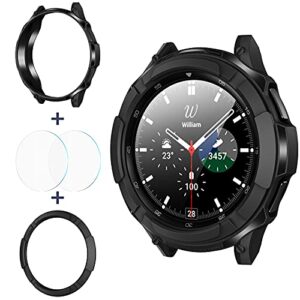goton 3 in 1 accessories for samsung galaxy watch 4 classic 46mm, 1 rugged tpu armor bumper case cover +2 tempered glass screen protector films + 1 bezel ring for galaxy watch4 classic 46mm black