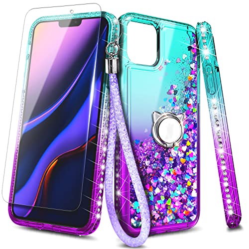 NGB Compatible with iPhone 12 Mini Case with Tempered Glass Screen Protector, Ring Holder/Wrist Strap, Girls Women Liquid Bling Sparkle Floating Glitter Cute Phone Case (Aqua/Purple)