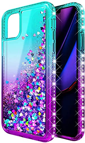 NGB Compatible with iPhone 12 Mini Case with Tempered Glass Screen Protector, Ring Holder/Wrist Strap, Girls Women Liquid Bling Sparkle Floating Glitter Cute Phone Case (Aqua/Purple)