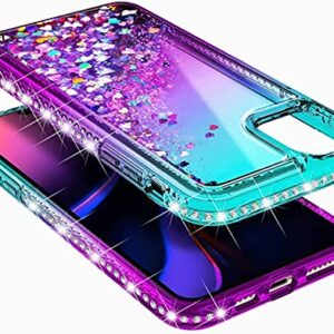 NGB Compatible with iPhone 12 Mini Case with Tempered Glass Screen Protector, Ring Holder/Wrist Strap, Girls Women Liquid Bling Sparkle Floating Glitter Cute Phone Case (Aqua/Purple)