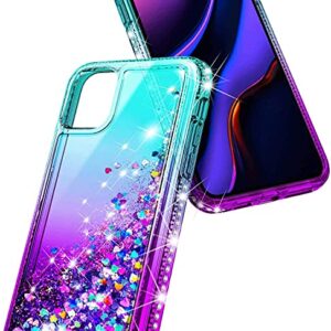 NGB Compatible with iPhone 12 Mini Case with Tempered Glass Screen Protector, Ring Holder/Wrist Strap, Girls Women Liquid Bling Sparkle Floating Glitter Cute Phone Case (Aqua/Purple)