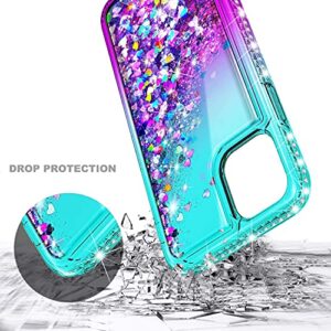 NGB Compatible with iPhone 12 Mini Case with Tempered Glass Screen Protector, Ring Holder/Wrist Strap, Girls Women Liquid Bling Sparkle Floating Glitter Cute Phone Case (Aqua/Purple)