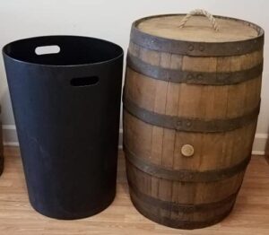 aunt mollys barrels, whiskey barrel trash can with liner detached lid with rope handle