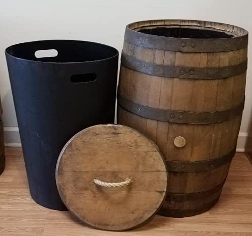 Aunt Mollys Barrels, Whiskey Barrel Trash Can with Liner Detached Lid with Rope Handle