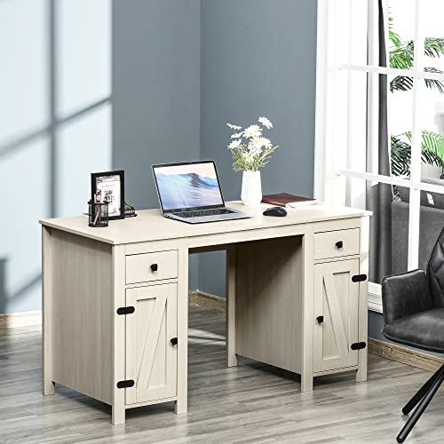 HOMCOM Farm Style Home Office Computer Desk with 2 Drawers, 2 Cabinets with Metal Accent Hardware, Cream White