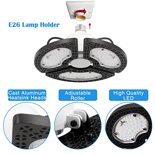 ZJOJO Garage Light 2 Pack 80W 9600LM Led Shop Light 6000K,Garage Lights Ceiling Led with 3 Adjustable Panels,Shop Lights for Garage Led Super Bright,E26 Base Ideal for Workshop/Attic/Barn/Basement