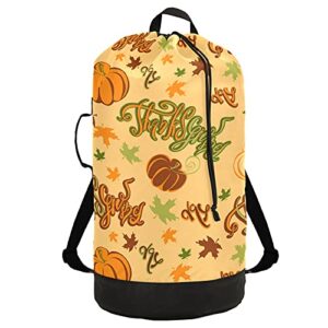 happy thanksgiving day laundry bag heavy duty laundry backpack with shoulder straps handles travel laundry bag drawstring closure dirty clothes organizer for college dorm, apartment, camp travel