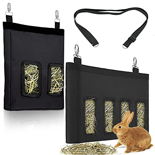 2 Pcs Bunny Hay Bag, Rabbit Hanging Weed Storage Feeding Bag, Chinchilla Hay Feeder Bag, Guinea Pig Hay Feeder Storage (Black)