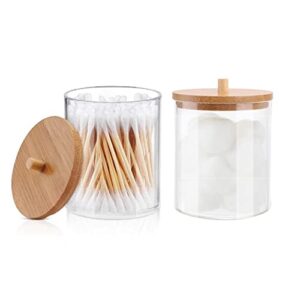 jieqijiaju 2 pack acrylic qtip holders, large cotton round holder with bamboo lid clear apothecary jars bathroom canister storage for q-tips, cotton pads & swab, hair ties, makeup brush organizing