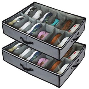 vakmrve under bed shoe storage organizer,2 pack fit 24 pairs, underbed shoe storage containers box bags with clear cover,reinforced handles,sturdy zippers,breathable fabric gray