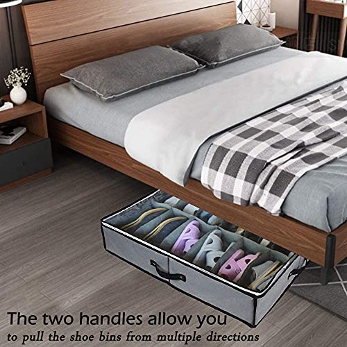 VAKMRVE Under Bed Shoe Storage Organizer,2 Pack Fit 24 Pairs, Underbed Shoe Storage Containers Box Bags with Clear Cover,Reinforced Handles,Sturdy zippers,Breathable Fabric Gray