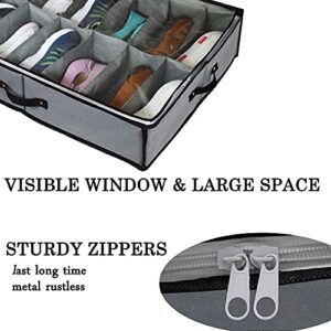 VAKMRVE Under Bed Shoe Storage Organizer,2 Pack Fit 24 Pairs, Underbed Shoe Storage Containers Box Bags with Clear Cover,Reinforced Handles,Sturdy zippers,Breathable Fabric Gray