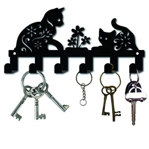 creatcabin metal key holder black key hooks wall mount hanger decor hanging organizer rock decorative with 6 hooks cat and flower pattern for front door entryway cabinet towel 10.6 x 5.1inches