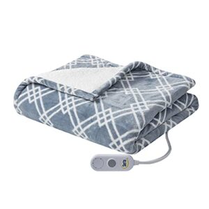 Serta Pace Reversible Ogee Plush to Sherpa Throw Ultra Soft Knitted Electric Blanket,Cozy and Snuggly Cover for Cold Weather, Auto Shut Off, Multi Heat Setting Controller, 50"x60", Dusty Blue Geo