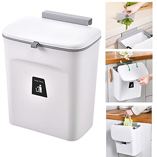 Cedilis 2.4 Gallon Kitchen Compost Bin for Counter Top, Under Sink Garbage Can, Hanging Trash Can with Lid for Kitchen Cabinet Door, Indoor Compost Bucket, Food Waste Bin, Mountable, White