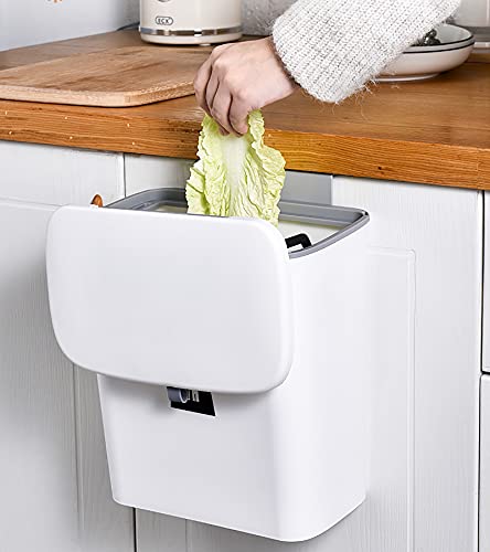 Cedilis 2.4 Gallon Kitchen Compost Bin for Counter Top, Under Sink Garbage Can, Hanging Trash Can with Lid for Kitchen Cabinet Door, Indoor Compost Bucket, Food Waste Bin, Mountable, White