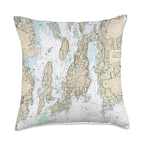 15 Degrees East Nautical Chart-Newport & Rhode Island Throw Pillow, 18x18, Multicolor